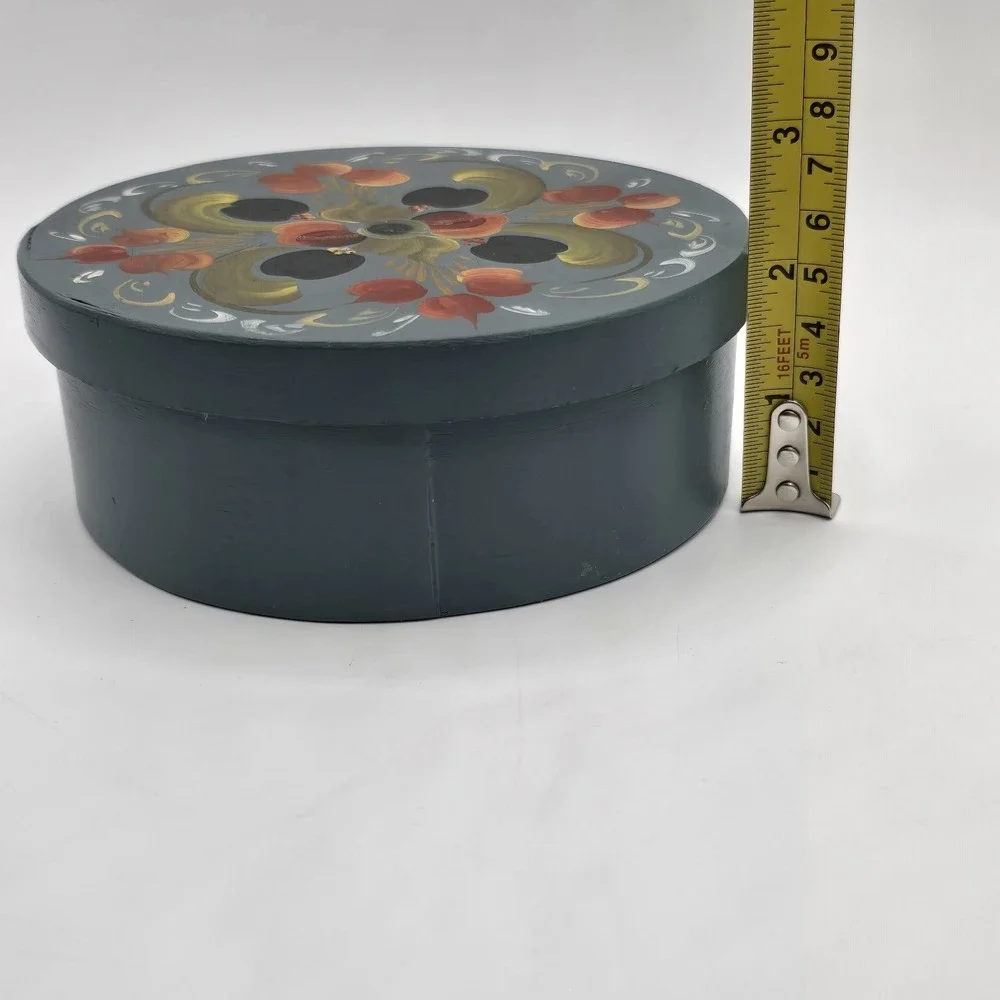 Vintage Wood Wooden‎ Tole Hand Made Hand Painted Round Trinket Box Floral